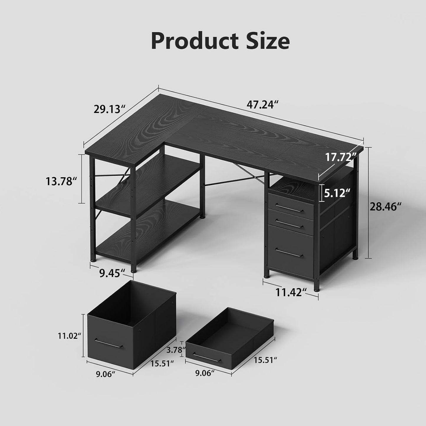 47" Computer Desk with Drawers, Desks for Bedrooms, Writing Desk with Storage, Work Desk for Small Space, Black