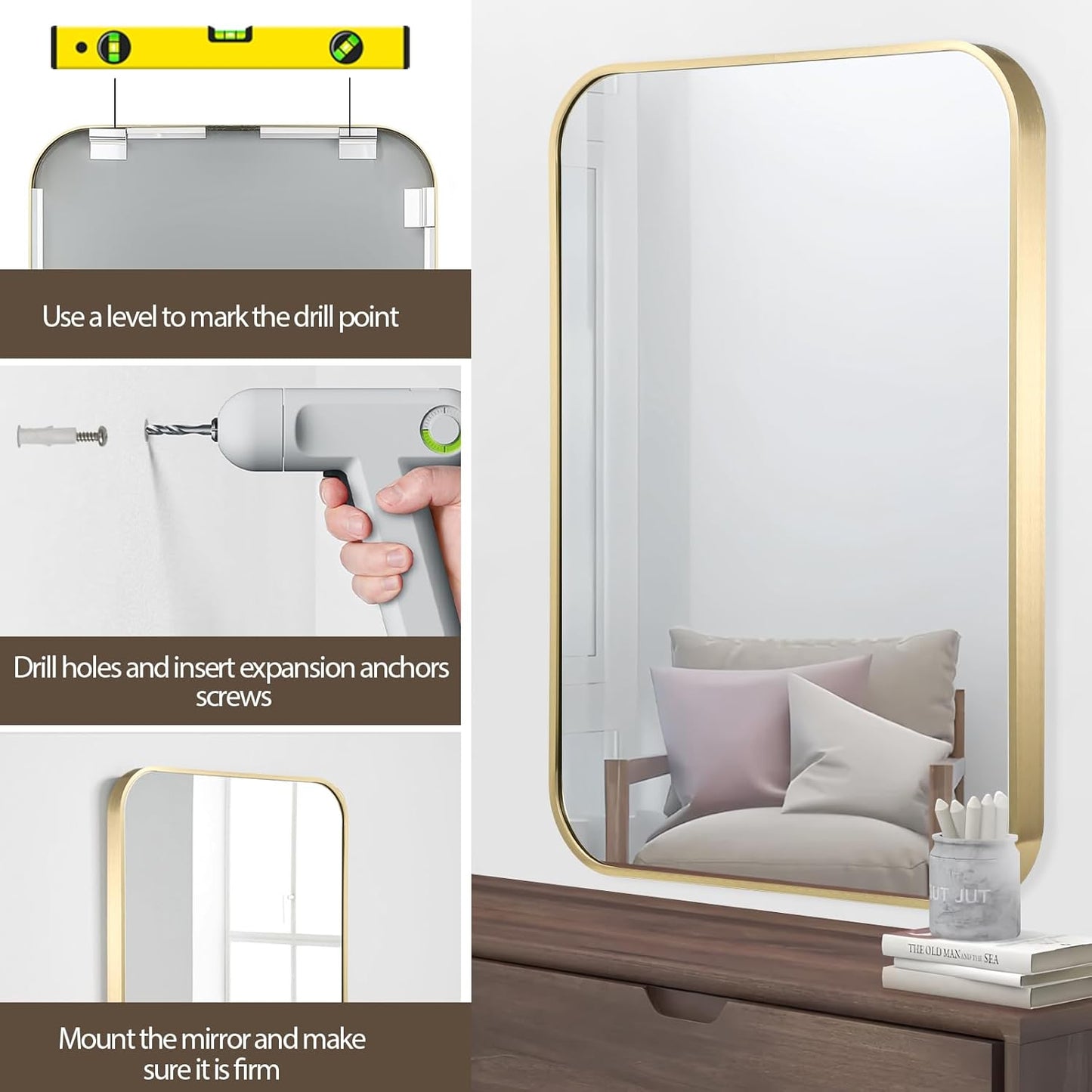 Gold Bathroom Mirror, 24x36 Inch Brushed Gold Mirror, Aluminum Alloy Framed Vanity Mirror, Rounded Rectangle Mirror for Over Sink, Anti-Rust Wall Mirror (Horizontally or Vertically)