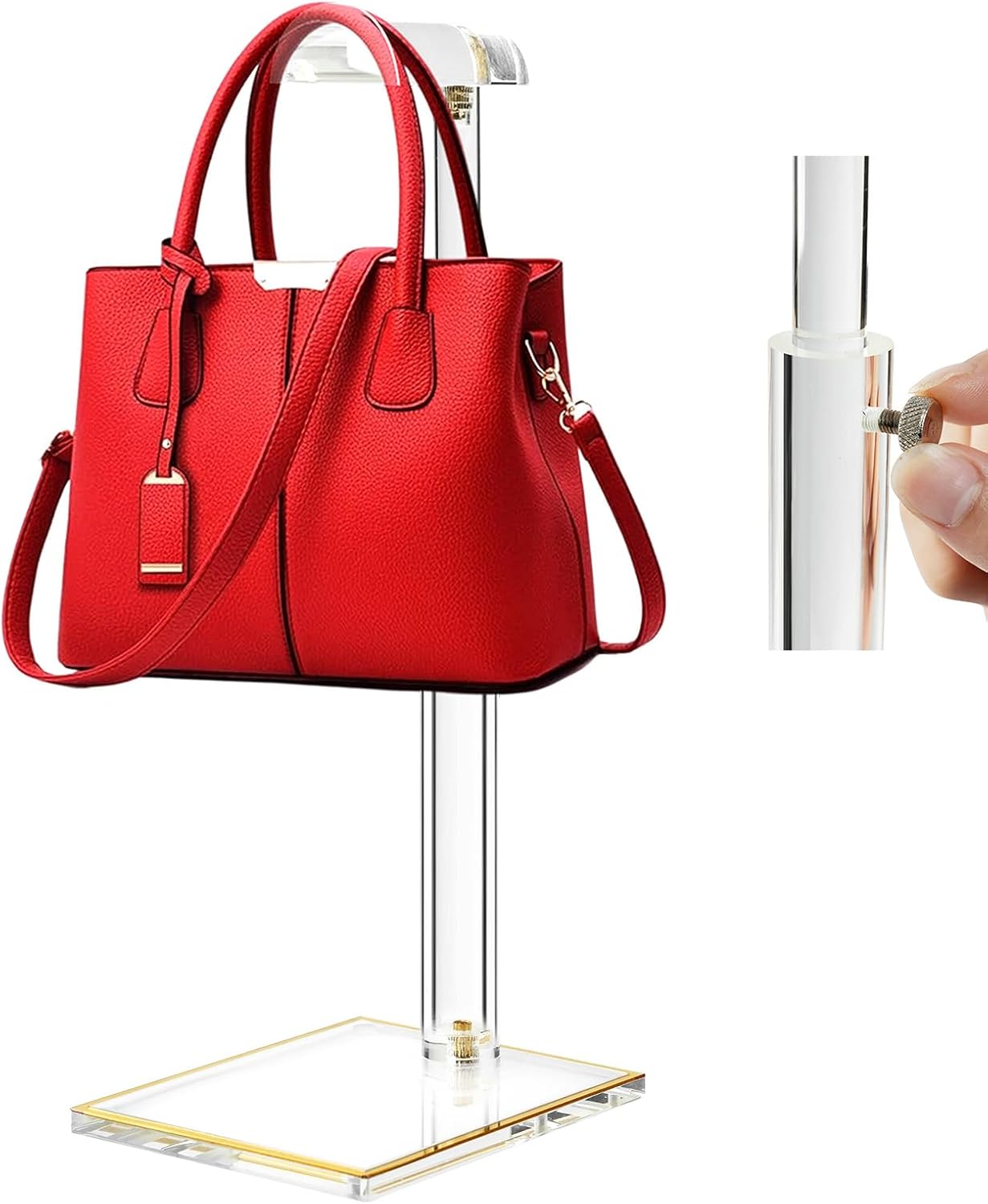 Acrylic Purse Display Stands, 14"-24" Adjustable Height Handbag Holder, Clear Purse Rack Stands for Closet Retail, Durable Gold Trim Bag Stand Hanging Wallet Jewelry Necklace Organizer