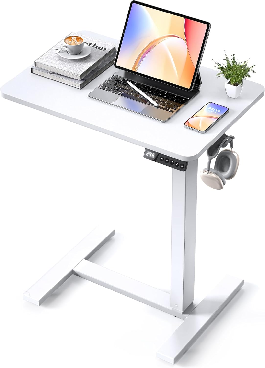 Electric Adjustable Height Standing Desk - Small Sit Stand Portable Rolling Laptop Table with Hidden Wheels, Small Computer Workstation for Bedside & Home Office Use (24"x16", White)