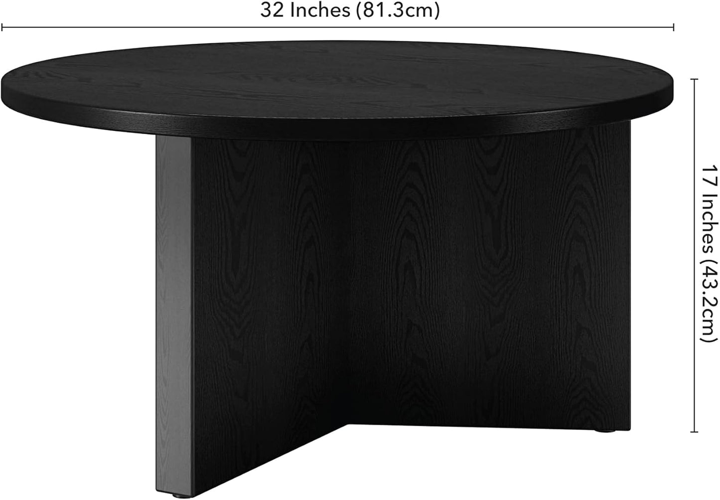 Henn&Hart 32" Round Wood Pedestal Coffee Table for Living Room, Family Room, Office, or Apartment, Black Grain