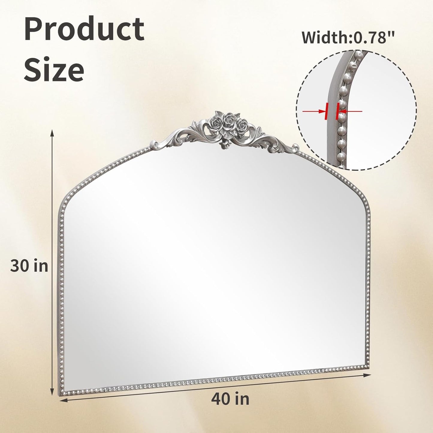 AIXI HOME Silver Arched Mirror, 40" x 30" Traditional Vintage Antique Mantel Mirror with Ornate Metal Frame, Baroque Wall Mounted Mirror for Entryway/Fireplace/Hallway/Bathroom/Living Room/Bedroom