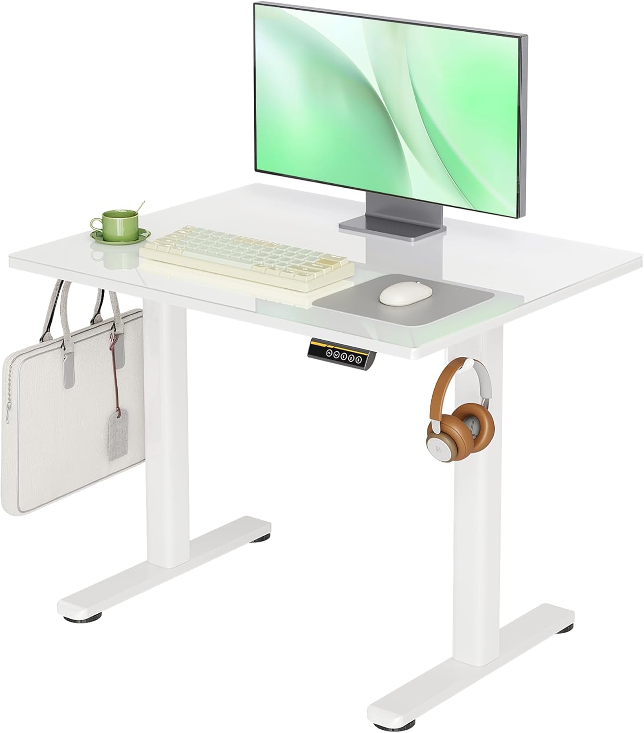 Claiks Small Glass Standing Desk, 35x20 Inch Electric Standing Desk Adjustable Height Quick Install for Computer Workstations, Super White