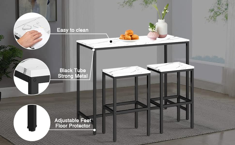 Aklaus Bar Table Set,44" White Faux Marble Top Bar Table and Chairs Set,Counter Height Bar Table with 2 Bar Stools,3 Piece Kitchen Breakfast Table for Living Room Dining Room Apartment