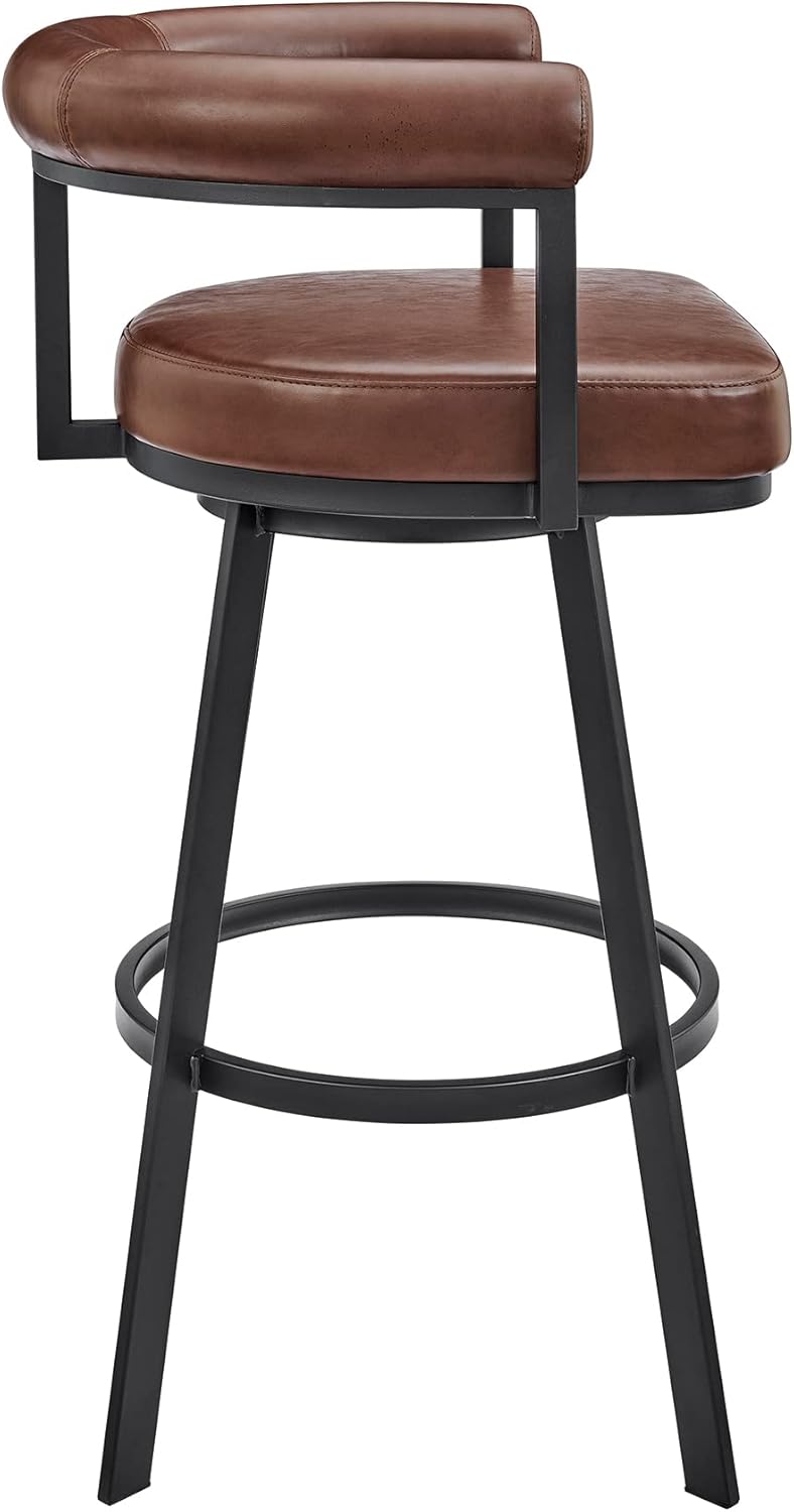 Armen Living Magnolia Swivel Counter Stool in Black Metal with Brown Faux Leather