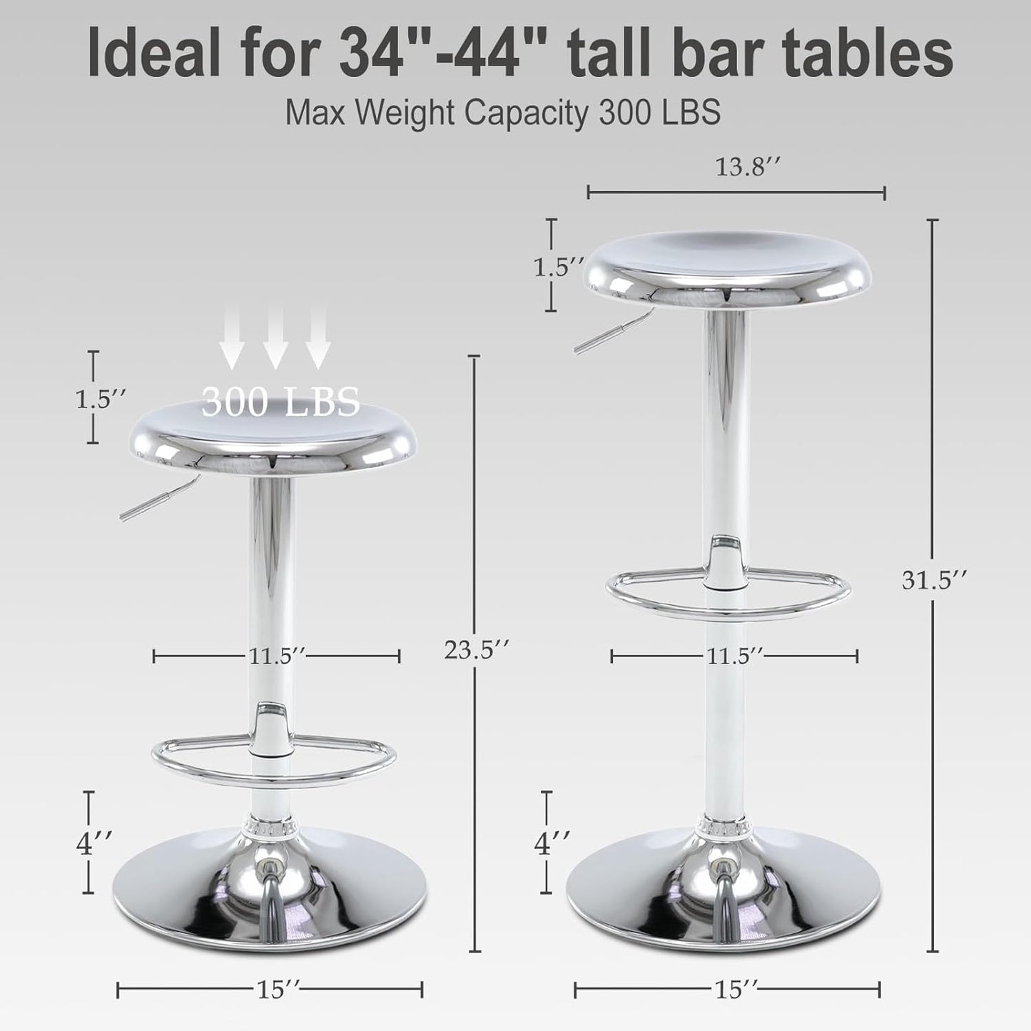 Bar Stools - 2 Pack, Adjustable Swivel Height Counter Bar Stool, Modern Metal Barstools, Backless Barstool for Bar, Kitchen Island, Pub, Silver