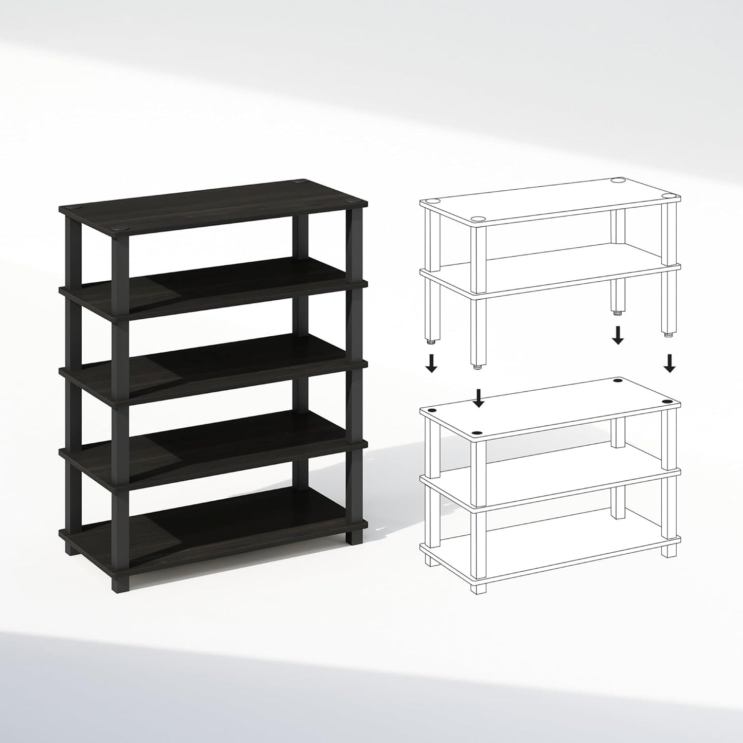 Furinno Turn-S-Tube 3-Tier Multipurpose Stackable Standing Shelves, Espresso/Black, Set of 2