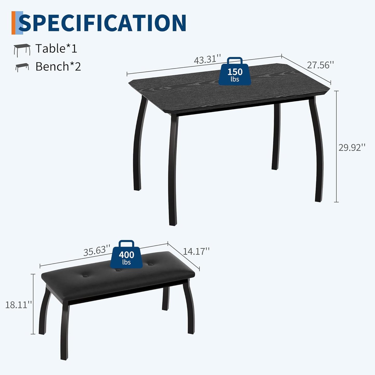 GAOMON Dining Table Set for 4, Metal Frame Kitchen Table Set with 2 Upholstered Bench, 3 Piece Dining Room Table Furniture for Apartment, Studio, Home, Easy Assembly, Black