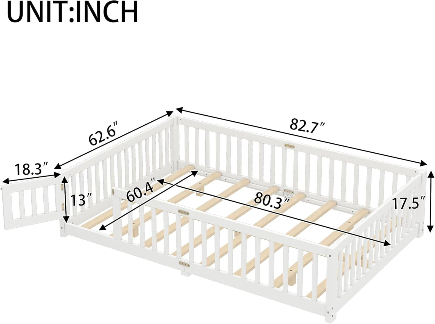 Queen Size Floor Bed Frame with Slats and Safety Guardrail, Wood Queen Size Montessori Floor Bed with Door and Fence, Easy Assemble Montessori Beds for Kids, Girls, Boys, White