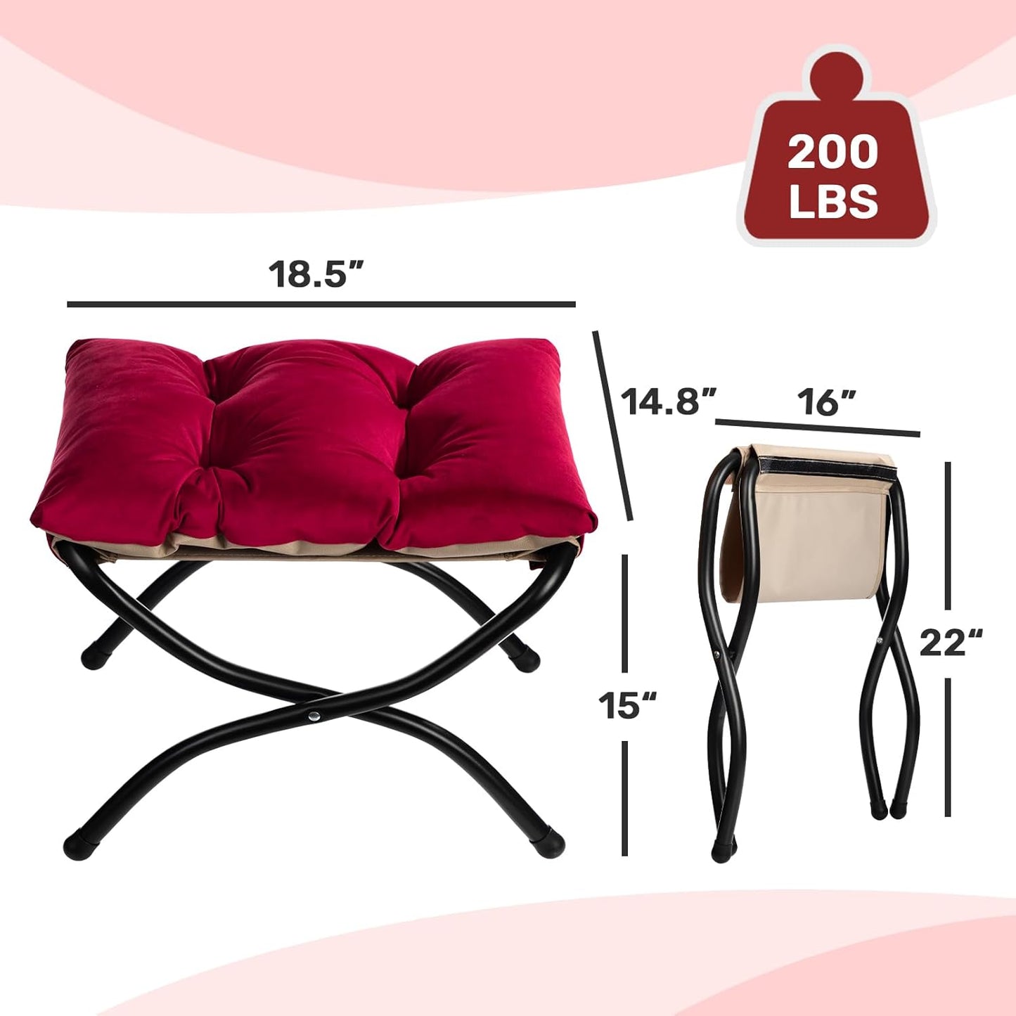 HollyHOME 15"(H) Folding Footrest Stool, Upholstered Small Foldable Ottoman, Accent Padded Sofa Foot Stool for Lazy Chair, Metal Frame Portable Foot Rest Ottoman for Living Room, Bedroom, Burgundy