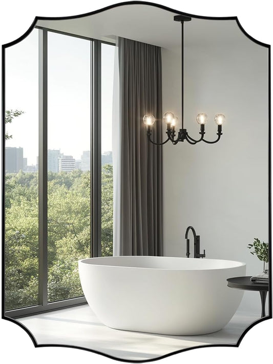 Black Bathroom Mirror, 24x32 Unique Irregular Mirror, Rectangle Mirror with Wavy Edge in Premium Stainless Steel Metal Frame 1" Deep, Wall Mounted Horizontal/Vertical