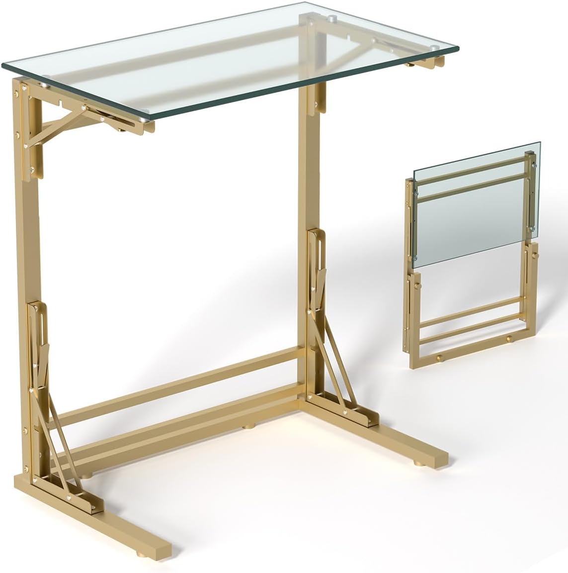 Tatub 24" Folding TV Tray Table, Glass C Shaped End Table for Couch, Small Sofa-Side Laptop Desk with Gold Metal Frame for Living Room, Bedroom, Bedside