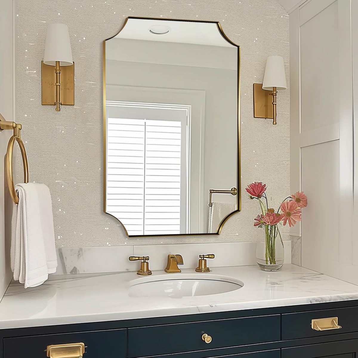 ANDY STAR Brushed Gold Rectangle Mirror, 24x36 Inch Scalloped Bathroom Mirror, Unique Rectangular Mirror with Scalloped Design, Anti-Rust Stainless Steel Frame Deep 1"