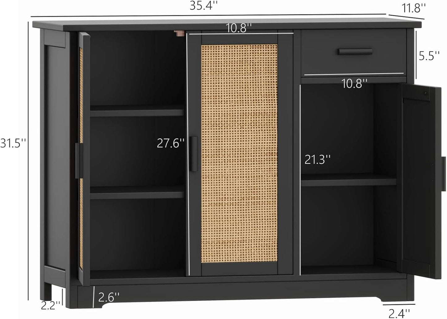 Irontar Kitchen Storage Cabinet, Sideboard Buffet Cabinet with Rattan Doors, Farmhouse Console Table with Drawer, Coffee Bar, Accent Table for Kitchen, Living Room, Hallway, Black and Natural CWG010BM