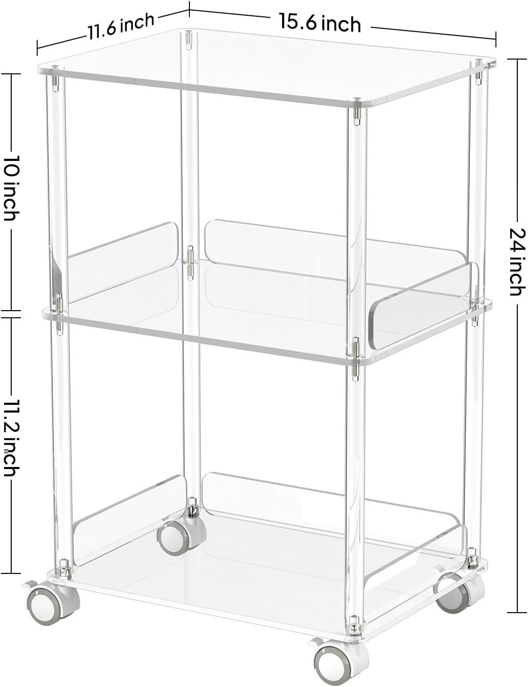 AQUIVER Acrylic Rolling Side Table - 3 Tiers End Table with Lockable Wheels - Small Clear Table for Living Room, Bedroom, Office - 15.6'' L x 11.6'' W x 24'' H