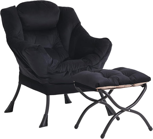 Lazy Chair and Ottoman, Large Accent Lounge Chair with Armrests and a Side Pocket, Modern Leisure Upholstered Sofa Reading Armchair with Footrest for Bedroom, Living Room, Dorm Rooms, Office