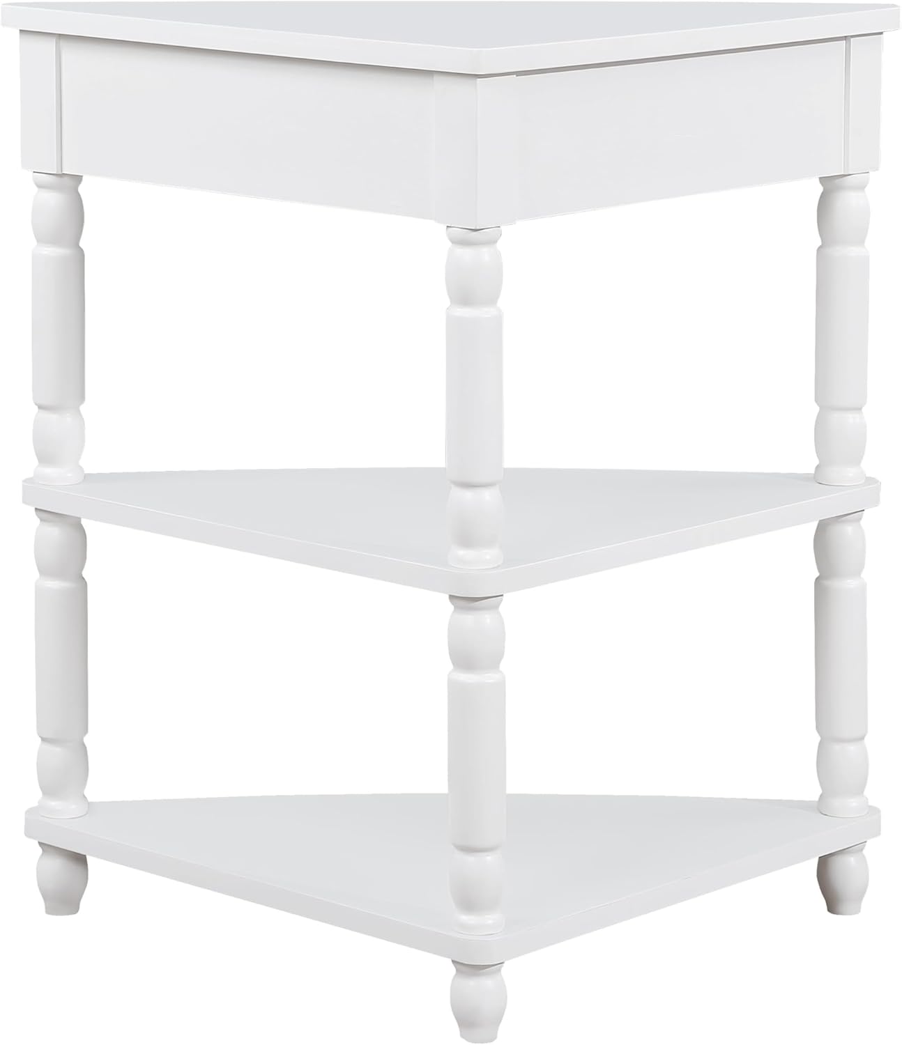 GDFStudio Trmxmbi 3 Tier Corner Console Table with 1 Storage Drawers and Shelves, 33.8'' Rustic Wood Triangle Sofa End Table for Small Spaces, Solid Wood Legs, Milk White