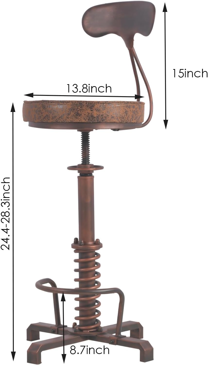 Industrial Bar Stool with Metal Backrest Rustic Coffee Stools with Swivel Leather Seat Vintage Kitchen Island Chair Farmhouse Dining Chairs 24.4-28.3inch Height Adjustable