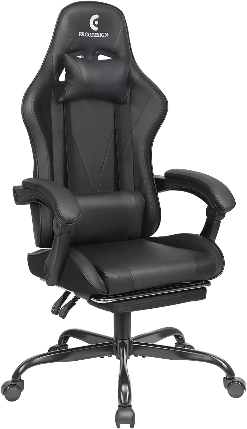 Gaming Chair with Linkage Armrest & Footrest, High Back Video Gaming Chair, Black
