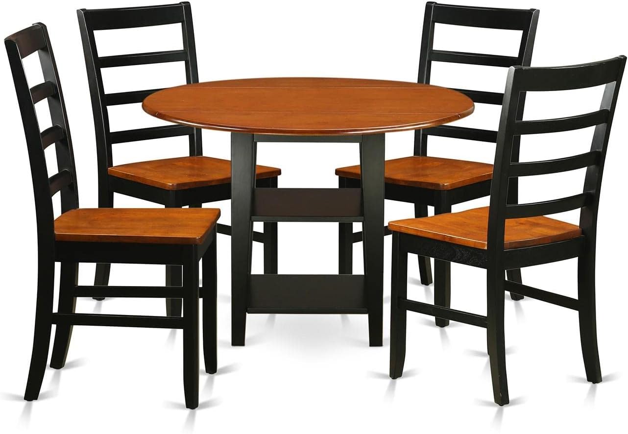 East West Furniture SUPF5-BCH-W 5 Piece Dining Set Includes a Round Dining Table with Dropleaf & Shelves and 4 Kitchen Chairs, 42x42 Inch, Black & Cherry
