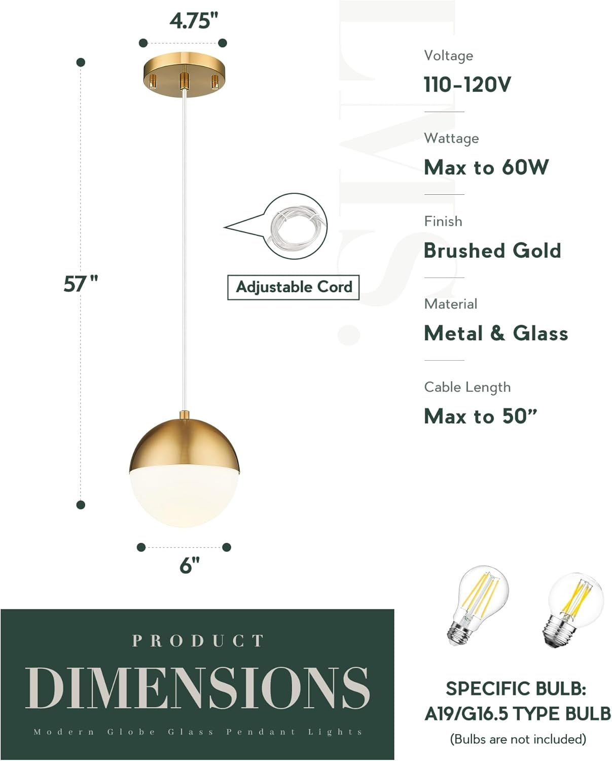 LMS Mid Century Pendant Lights, Brushed Gold Kitchen Island Light Fixtures with White Globe Glass Shade, Adjustable Hanging Cord, 2-Pack for Home Office Dining Room Bathroom, LMS-186PL-BGWS2PK