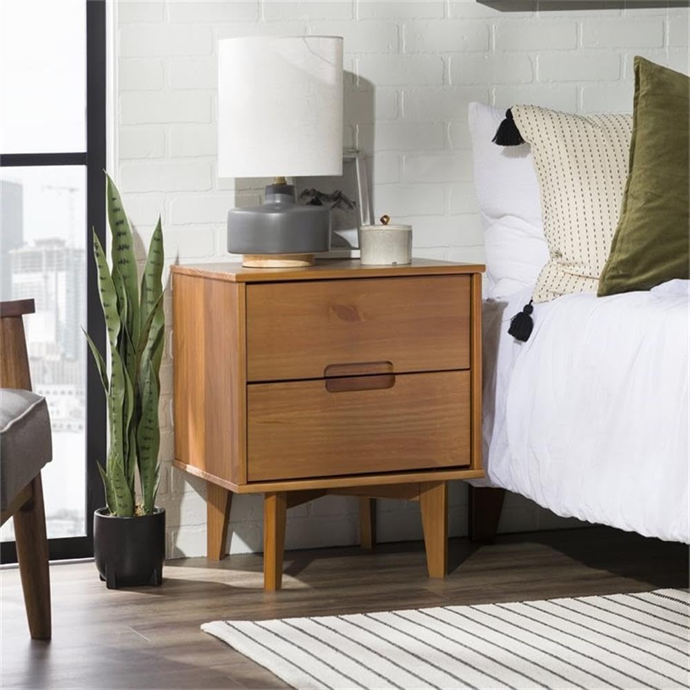Walker Edison Mid Century Modern Grooved Handle Wood Nightstand Side Table Bedroom Storage Drawer and Shelf Bedside End Table, 2 Drawer, Caramel