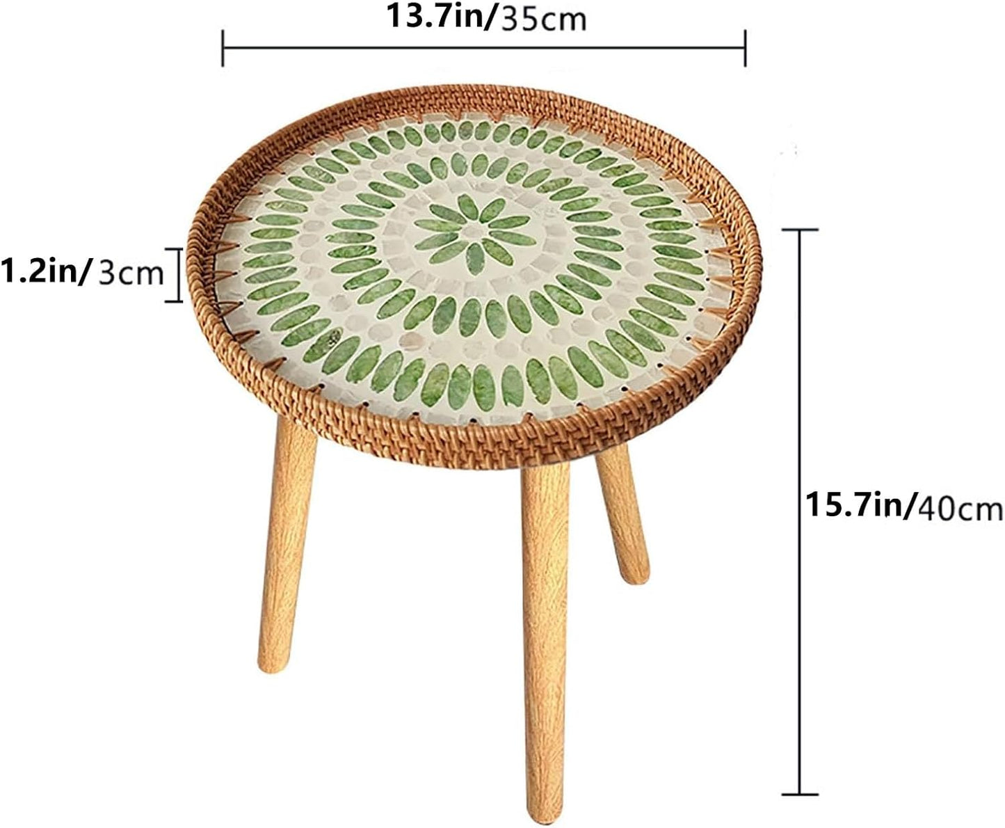 Rattan Round Side Table, Mother of Pearl Inlay Table,Round End/Side Tables for Living Room, Bedrooms, Pedestal Plant Stand for Balcony (Green)