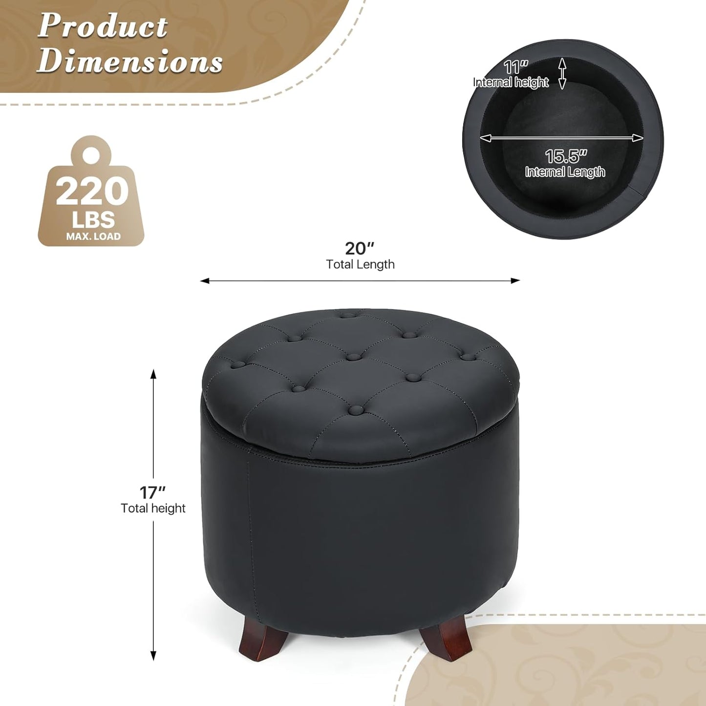 Athena Collection 20 Inch Small Ottoman with Storage, Round PU Leather Storage Ottoman with Removable Lid, Stylish Footstool Foot Rest for Living Room, Bedroom, Dorm, Black