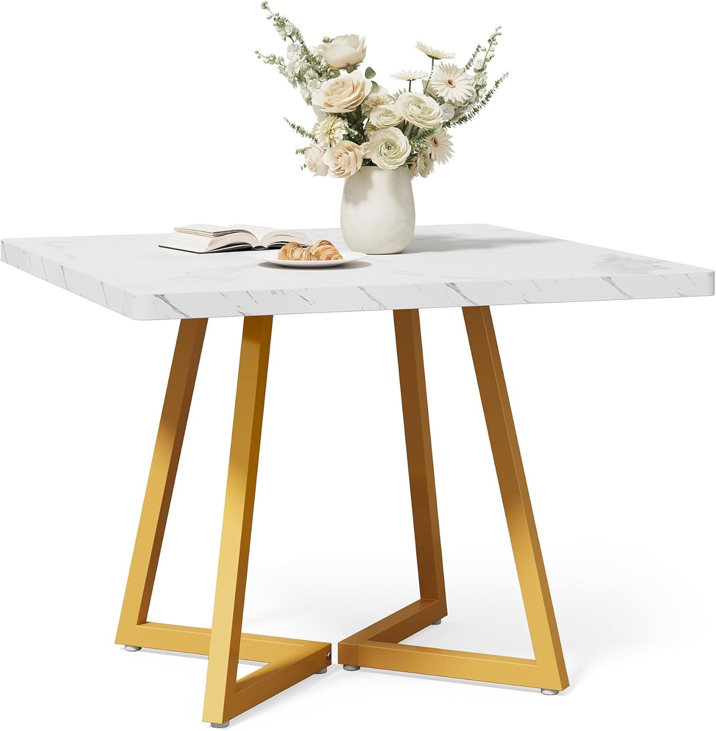 LITTLE TREE 31.5 Inches Small Dining Table for 4, Square Dinner Table for Small Space, Dining Room Tables, White Gold Wooden Kitchen Table with Metal Legs, Modern Leisure Cafe Table for Apartment
