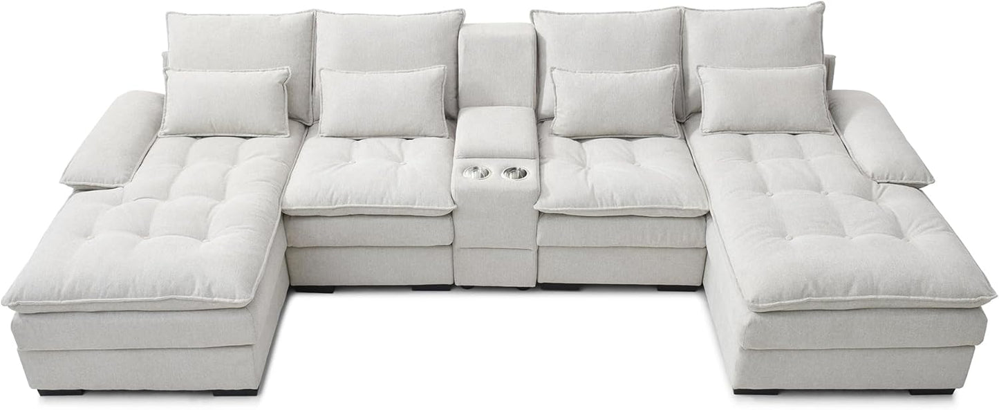 KEIKI 130" U-Shaped 6 seat Sofa with Storage Console, Cup Holders, Upholstered Sectional Sofa, Button Tufted Cloud Cushion Couch for Home, Office, Apartment, Beige