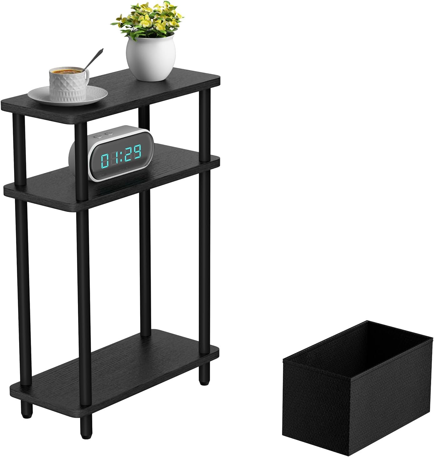 Narrow Side Table with Fabric Basket, 7" Wide, 3 Tier Skinny End Table with Wood Legs, Slim Nightstand/Bedside Table for Small Spaces, with Adjustable Feet, 15.7" L x 23" H