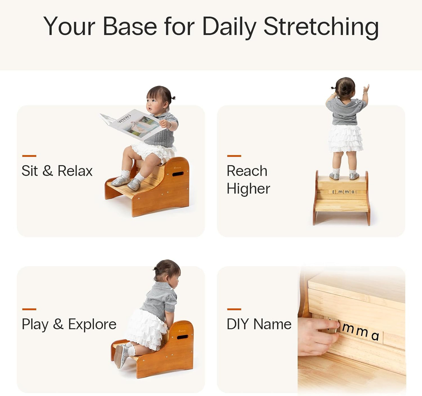 StrongTek Toddler Step Stool with 28 Alphabet Blocks – 2-Step Wooden Stool with Storage, Non-Slip, DIY Name & Drawing on Block Backs for Kids, Ideal for Bathroom, Kitchen & Bedside