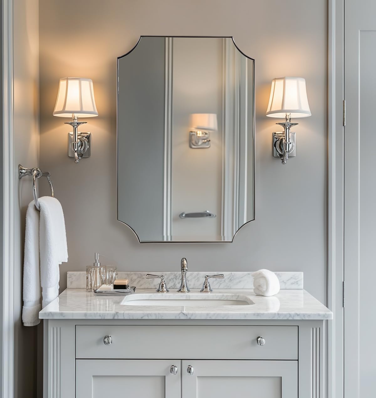 ANDY STAR Brushed Nickel Mirror 24x36 Inch, Scalloped Bathroom Mirror, Silver Vanity Mirror in Anti-Rust Stainless Steel Metal Thin Frame Deep 1’’, Wall-Mounted Mirror (Horizontal/Vertical)