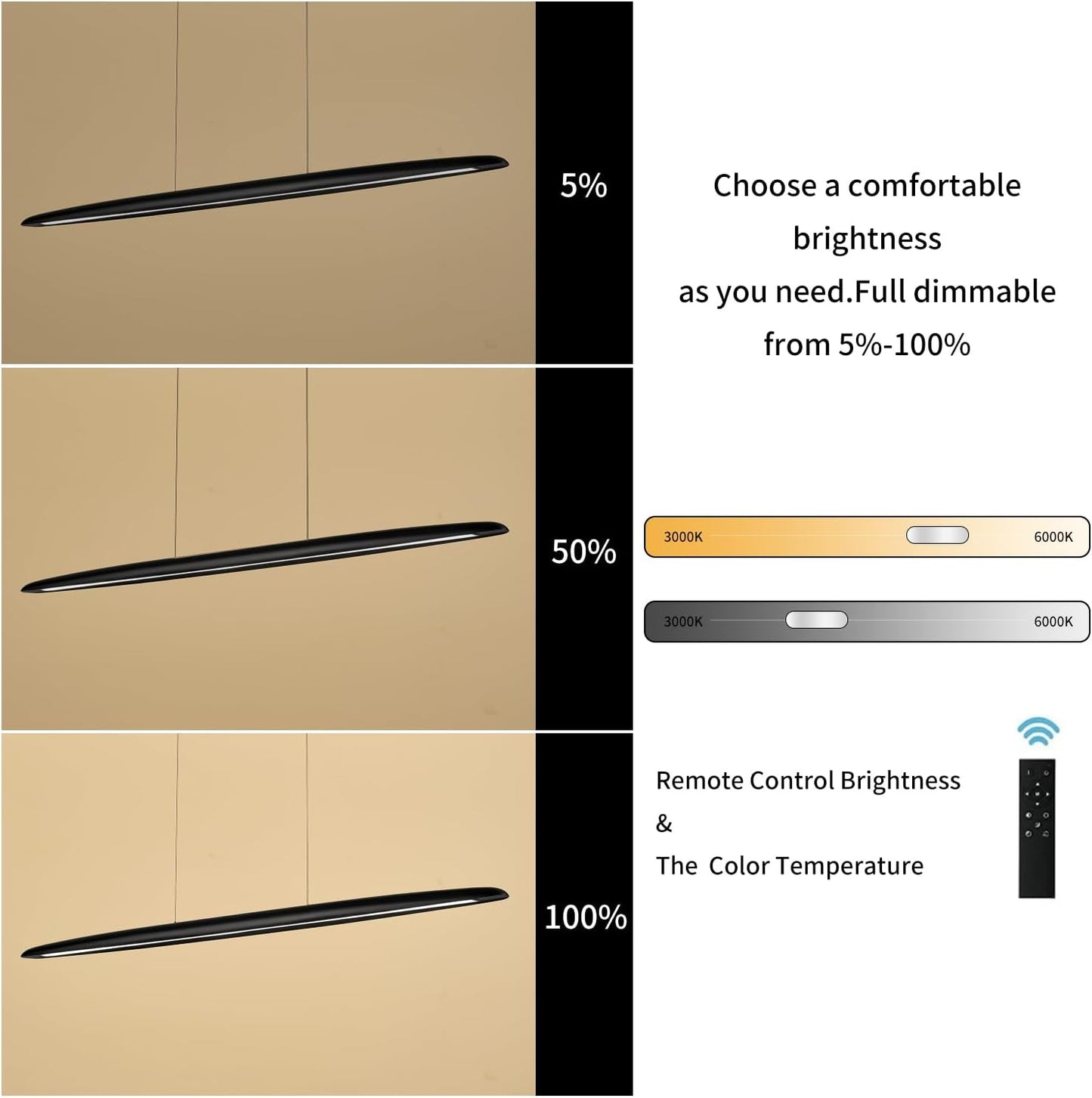 71" Wood Linear Pendant Light Black Linear Pendant Dinning Room Hanging Lights LED Dimmable Chandeliers 50w for Dining Room Pool Table Lights Kitchen Island Light Black