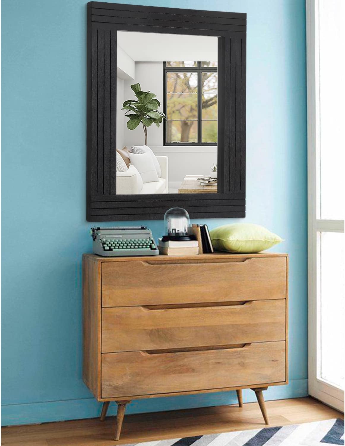 Black Wall Mirror Rectangular Vintage Rustic Wood Framed Large Mirror Deco Farmhouse Living Room Bathroom Bedroom Entrance Mirror 26" x 18"