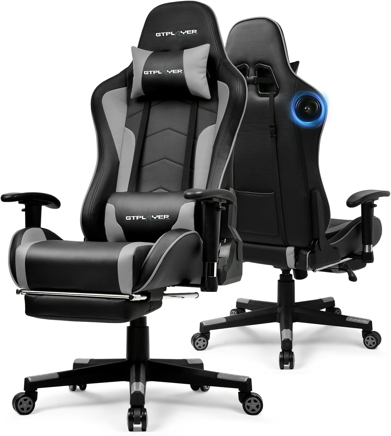 GTPLAYER Gaming Chair with Bluetooth Speakers and Footrest, Ergonomic Gamer Chair with Reclining Backrest, 3D Armrests, Adjustable Seat Height, Computer Desk Chair for Adults (Grey)