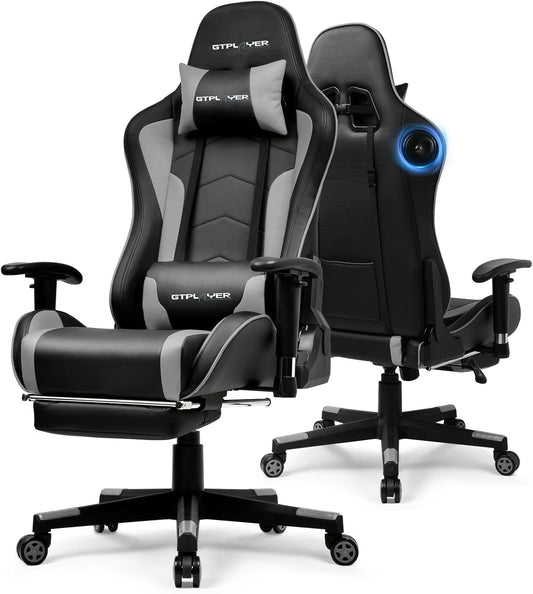 GTPLAYER Gaming Chair with Bluetooth Speakers and Footrest, Ergonomic Gamer Chair with Reclining Backrest, 3D Armrests, Adjustable Seat Height, Computer Desk Chair for Adults (Grey)