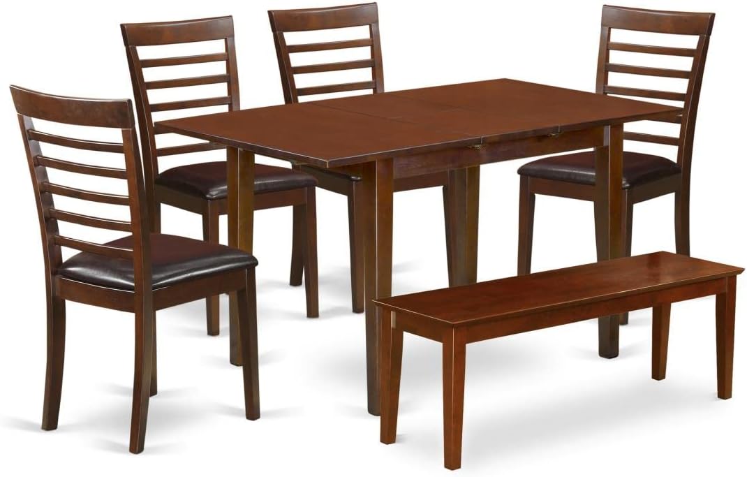 East West Furniture NOML6C-MAH-LC 6 Piece Dining Room Set Contains a Rectangle Kitchen Table with Butterfly Leaf and 4 Faux Leather Dining Chairs with a Bench, 32x54 Inch, Mahogany