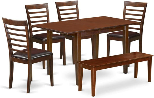 East West Furniture NOML6C-MAH-LC 6 Piece Dining Room Set Contains a Rectangle Kitchen Table with Butterfly Leaf and 4 Faux Leather Dining Chairs with a Bench, 32x54 Inch, Mahogany