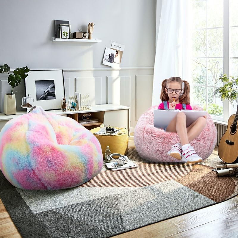 Fluffy Bean Bag Chair, 3FT Round Memory Foam Filled Bean Bag for Teens & Kids, Ultra Soft Faux Fur Fabric Bean Bag Chairs for Playroom, Living Room, Bedroom,Pink