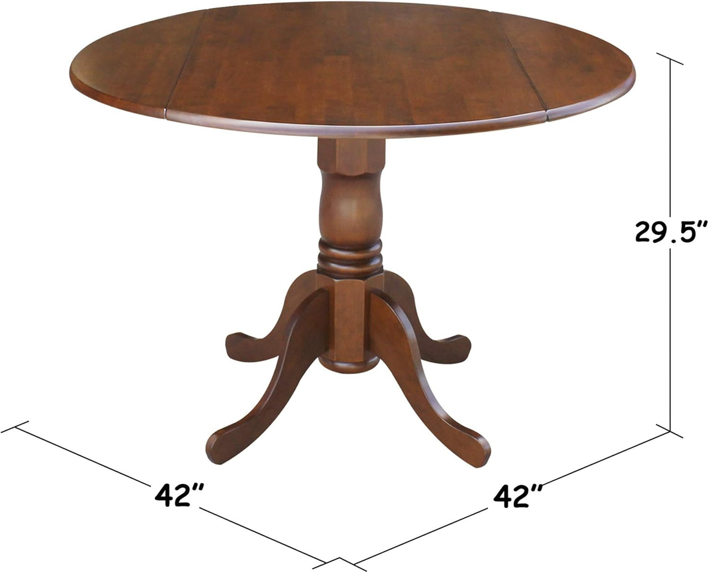 IC International Concepts, 42" Round Dual Drop Leaf Pedestal Dining Table, Solid Wood, Real Parawood, 42" W x 42" D x 29.5" H, Easy Assembly, Espresso