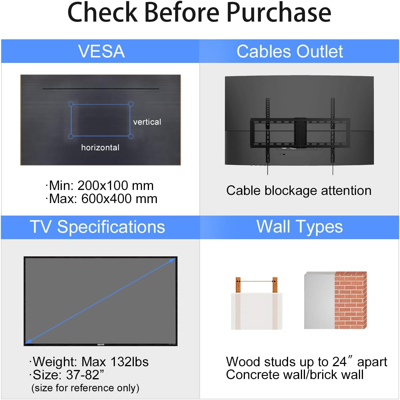 Suptek Tilt TV Wall Mount Bracket for Most 37-82 inch TV, Universal Mount with Max 600x400mm VESA and 132lbs Loading Capacity, Fits Studs 24" Apart, Low Profile with Magnetic Bubble Level (MT5082)