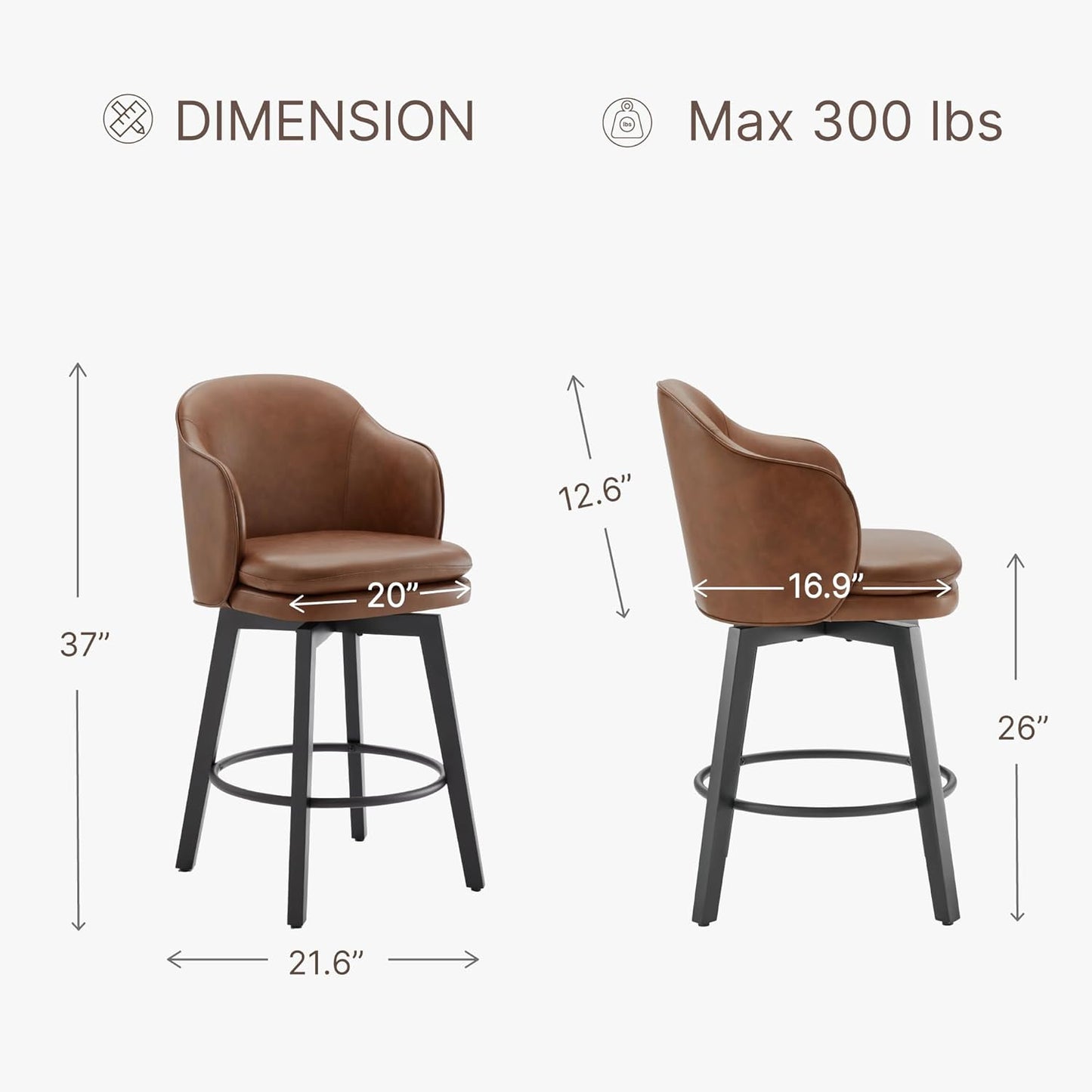 Counter Height Barstools 26 inch Upholstered Swivel Bar Stools with Back and Wood Legs for Kitchen Island,Set of 2,Brown PU Leather