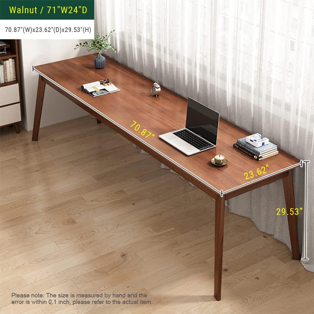 Mid-Century Long Desk Table - 71" Simple Modern Extra Long 2-Person Wood Computer Workstation for Home Office Work in Walnut, 71" W x 24" D