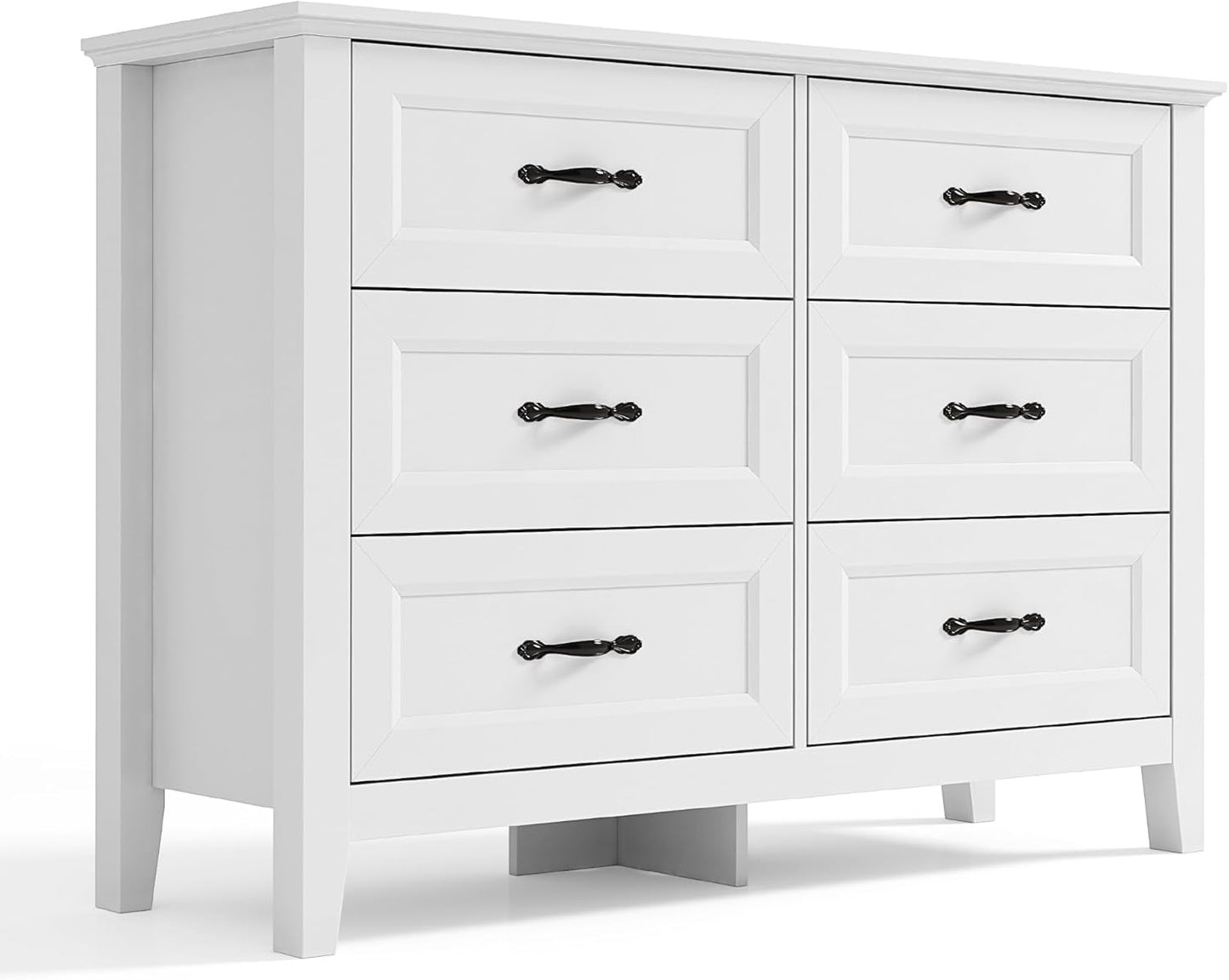 LINSY HOME 6 Drawers Dresser for Bedroom, 47" Wide Wooden Storage Chest with Antique Handles, Modern Farmhouse Dresser TV Stand with Wood Legs for Closet, Living Room, Hallway, White