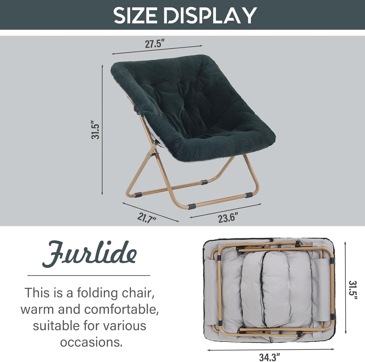 Saucer Chair, Comfy Bedroom Chairs, Oversized Folding Faux Fur Chair, Foldable Metal Frame Chair for Bedroom, Living Room, Balcony, Patio, Study, Playroom (Dark Green)