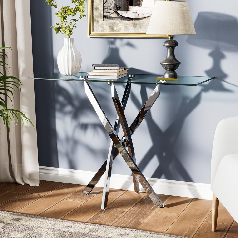 Tempered Glass Console Table with Chromed Legs, Modern Narrow Sofa Table for Hallway Entryway (Sliver, 39"x18"x30")