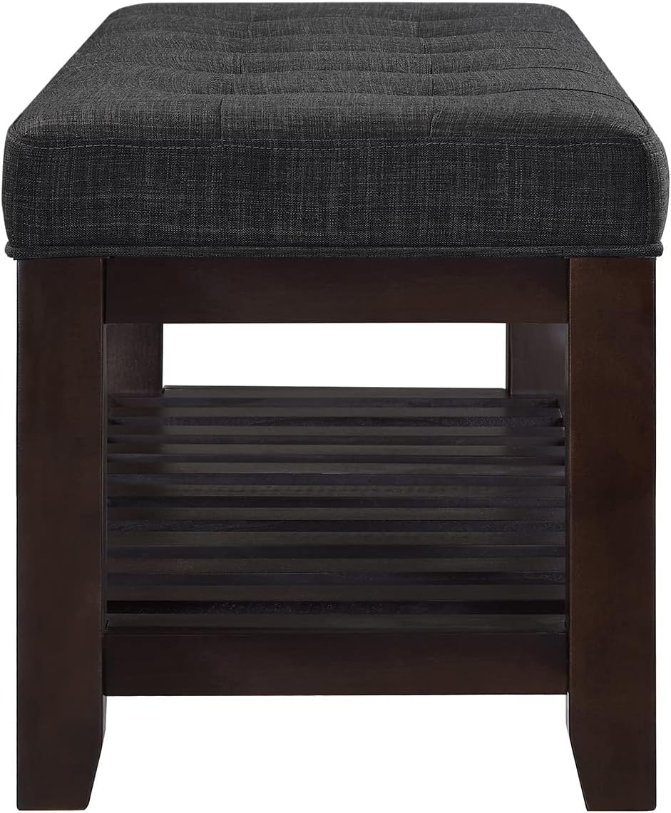24KF Large Rectangular Upholstered Tufted Linen Ottoman Bench, Padded Bench with Solid Wood Shelf-Dark Gray