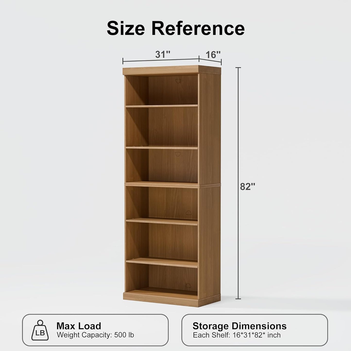 82" Wooden Book Shelf, 5 Shelf Bookcase, Modern Bookshelf with Adjustable Shelf for Home Office, Study Room, Oak