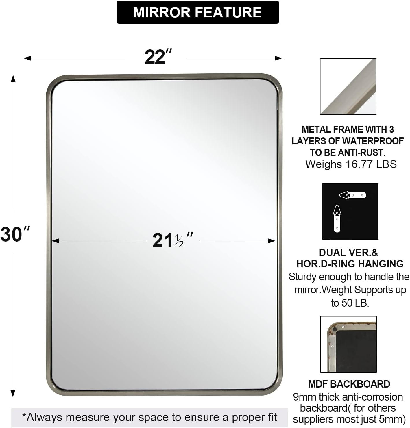 ANDY STAR 22x30'' Brushed Nickel Bathroom Mirror, Rounded Rectangle Brushed Silver Mirror for Bathroom Vanity SUS304 Metal Tube Framed(Rustproof) 1’’ Deep Wall Mounted Vertically/Horizontally